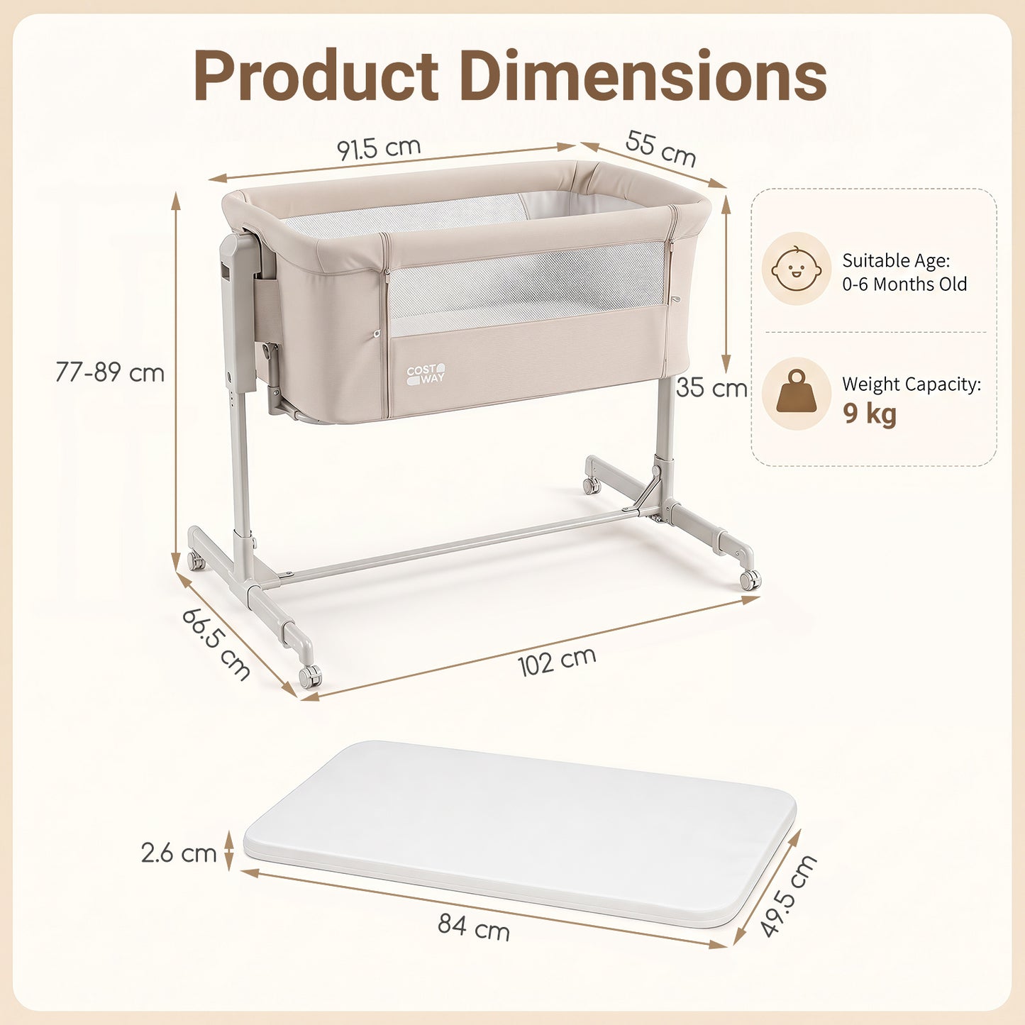 3-in-1 Baby Crib Height-Adjustable Bedside Crib with Castors-Beige
