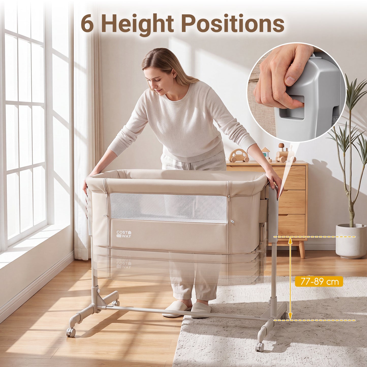 3-in-1 Baby Crib Height-Adjustable Bedside Crib with Castors-Beige