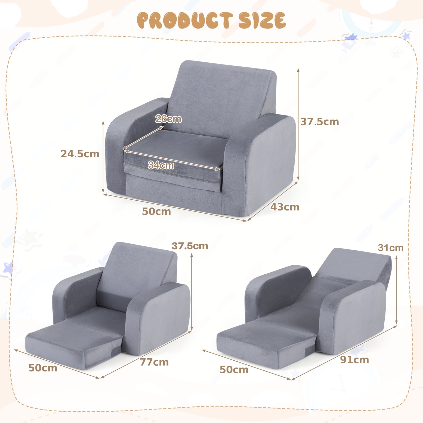 3-in-1 Convertible Kids Sofa Bed with Ultra-soft Crystal Velvet-Grey