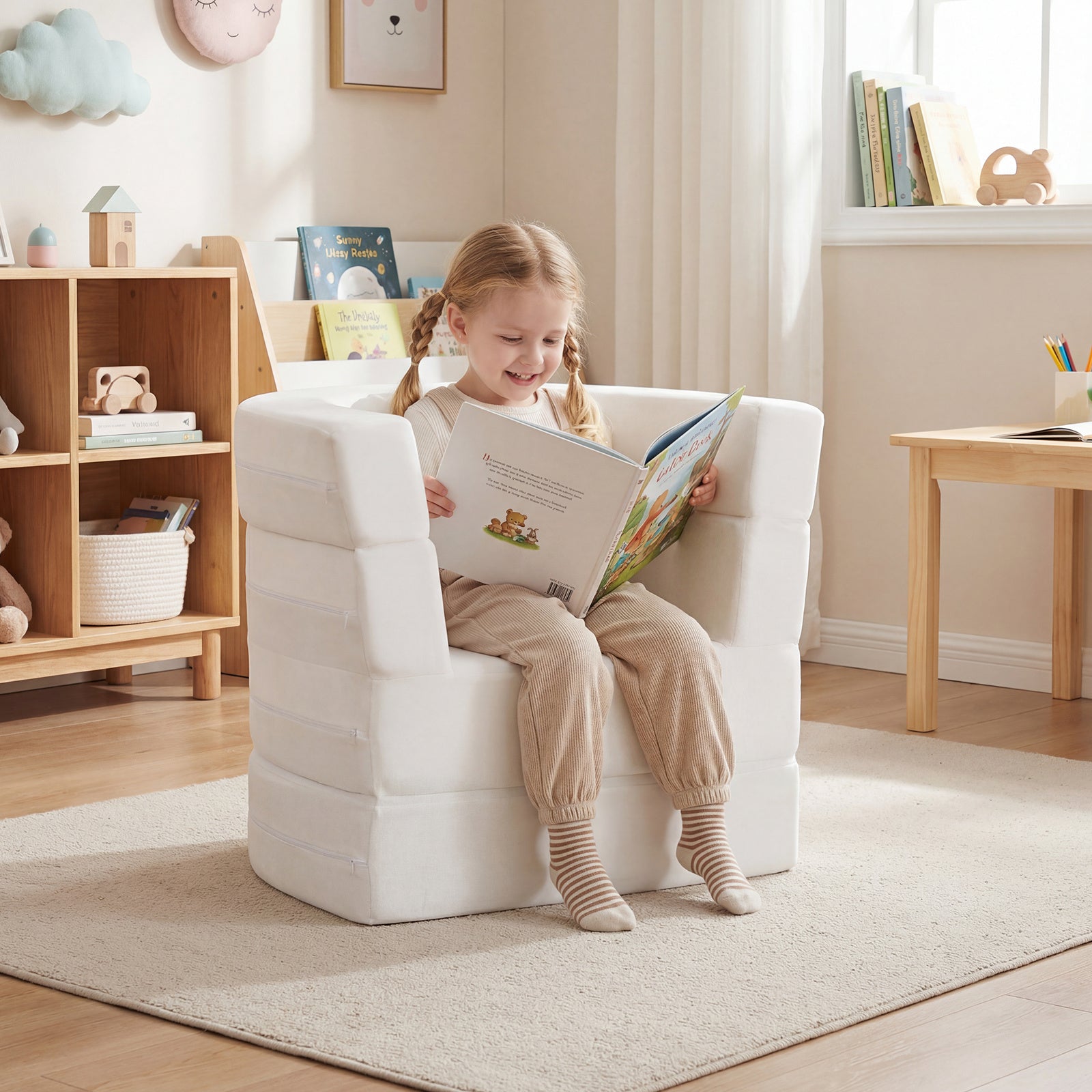3-in-1 Convertible Kids Sofa Bed with Washable Zippered Covers-White