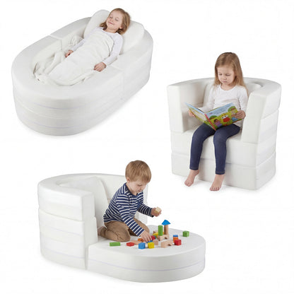 3-in-1 Convertible Kids Sofa Bed with Washable Zippered Covers-White