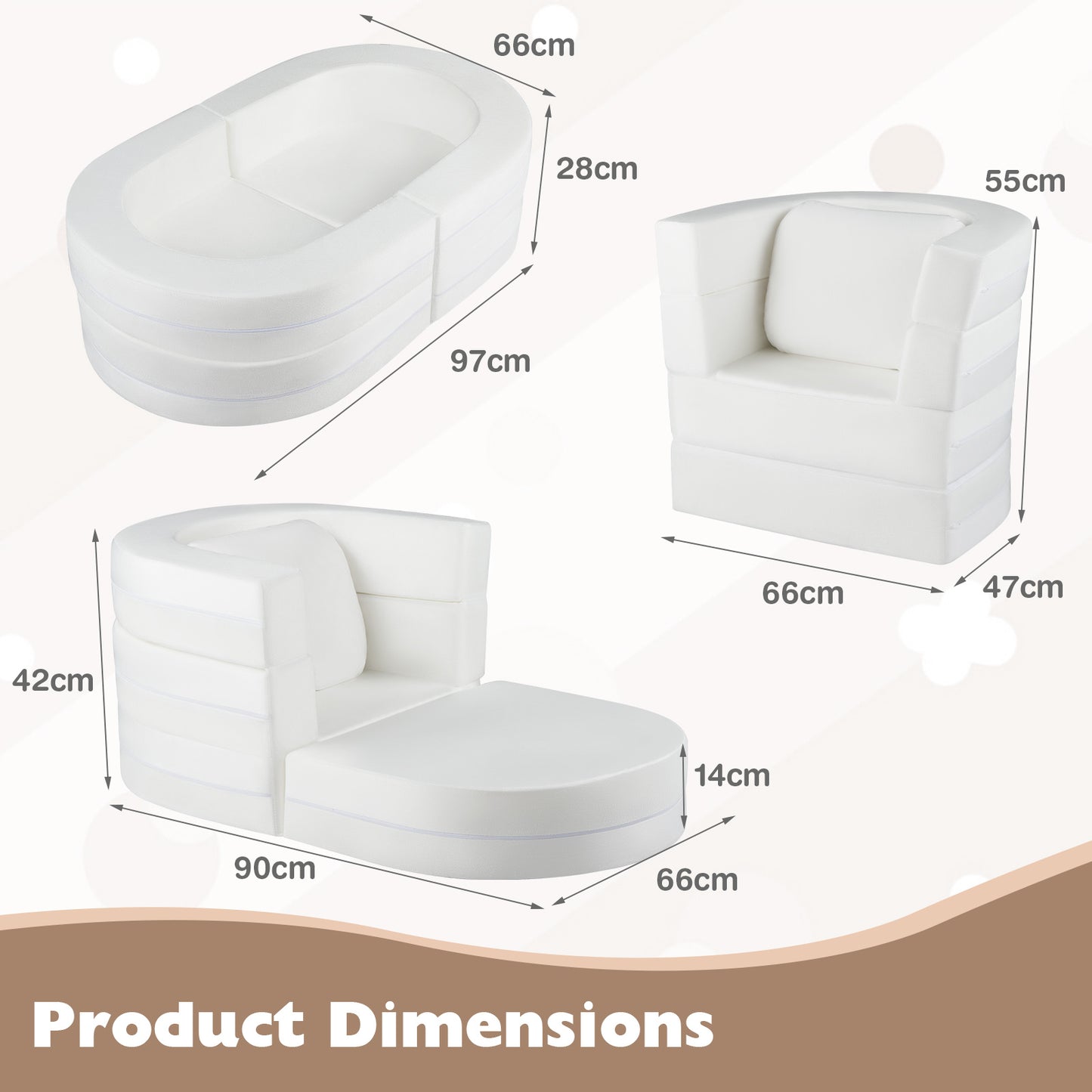 3-in-1 Convertible Kids Sofa Bed with Washable Zippered Covers-White