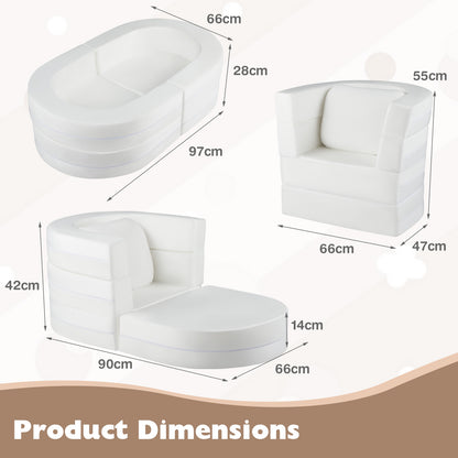 3-in-1 Convertible Kids Sofa Bed with Washable Zippered Covers-White