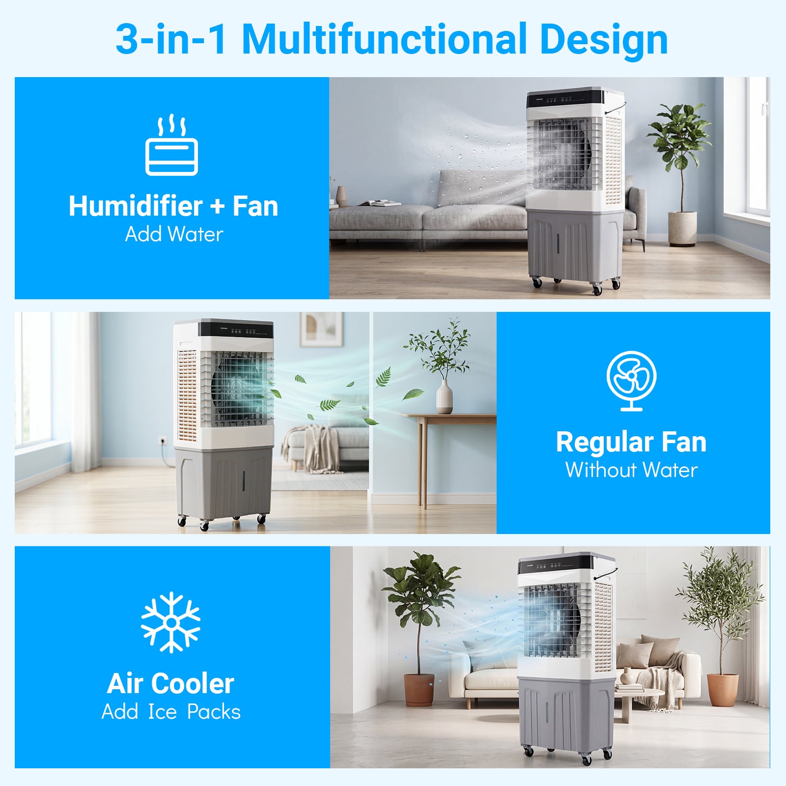 3-in-1 Evaporative Air Cooler with 27L Water Tank and 3 Speeds-White