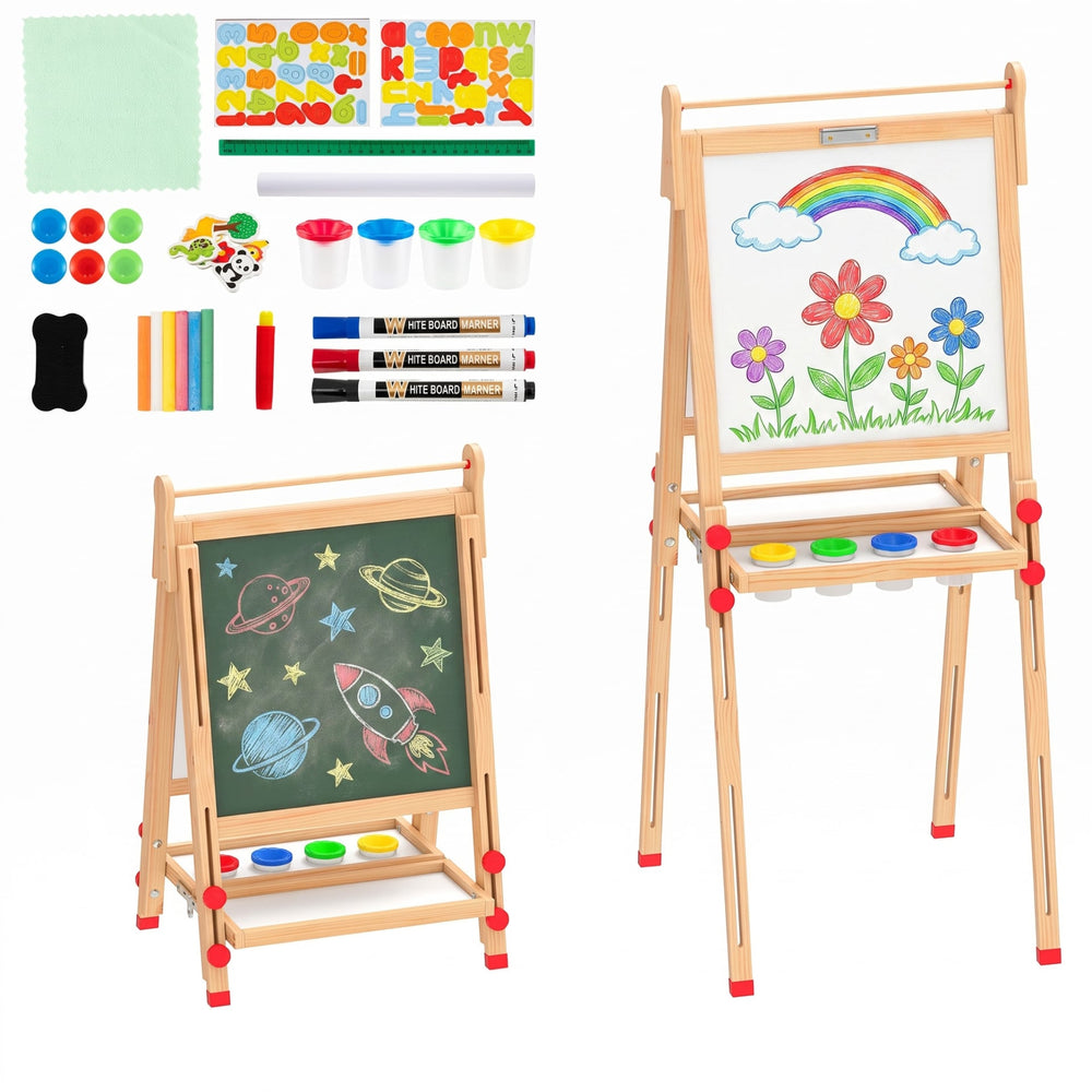 3 in 1 Foldable Wooden Art Easel with Whiteboard Chalkboard and Paper Roll-Natrual