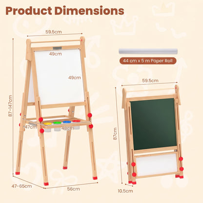 3 in 1 Foldable Wooden Art Easel with Whiteboard Chalkboard and Paper Roll-Natrual
