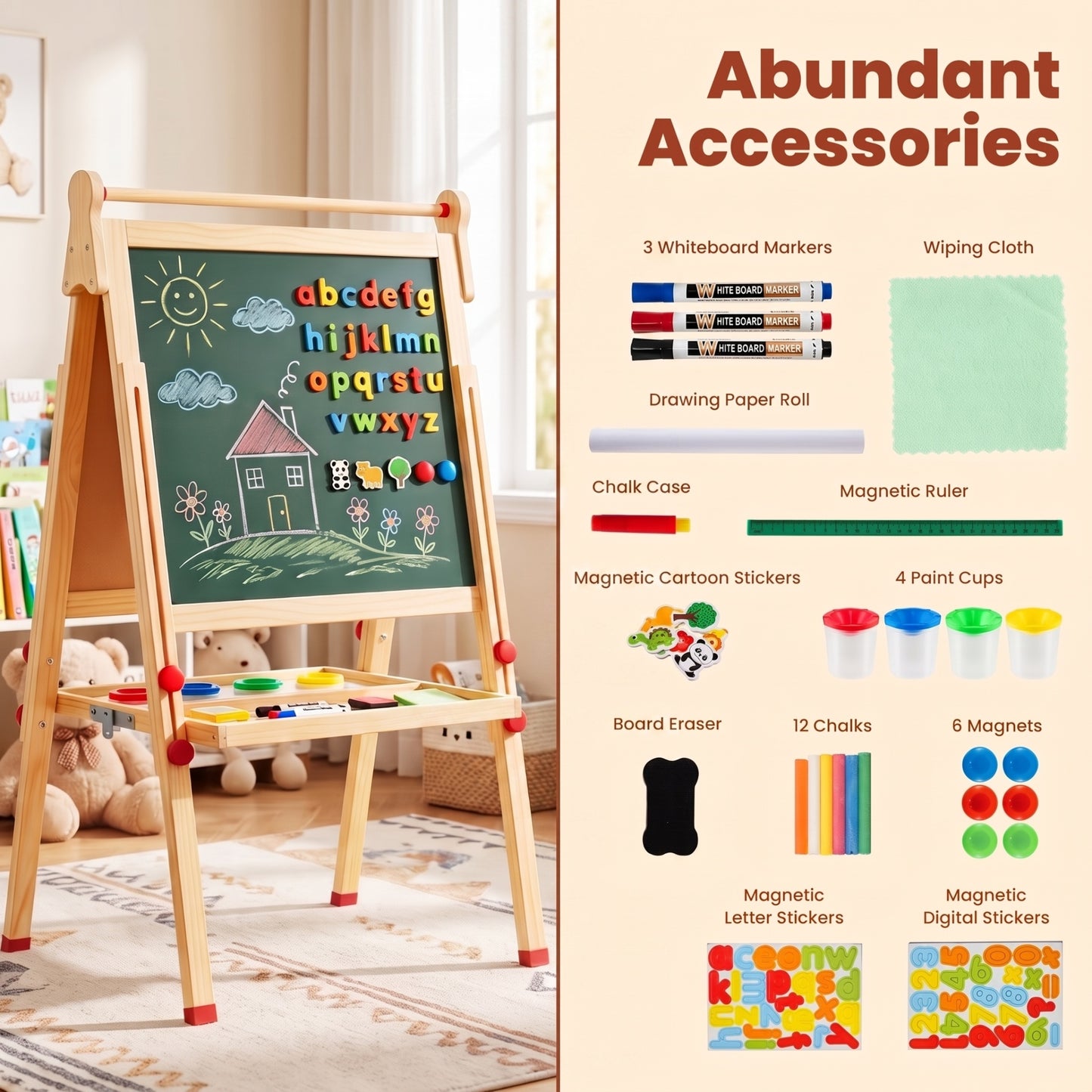 3 in 1 Foldable Wooden Art Easel with Whiteboard Chalkboard and Paper Roll-Natrual