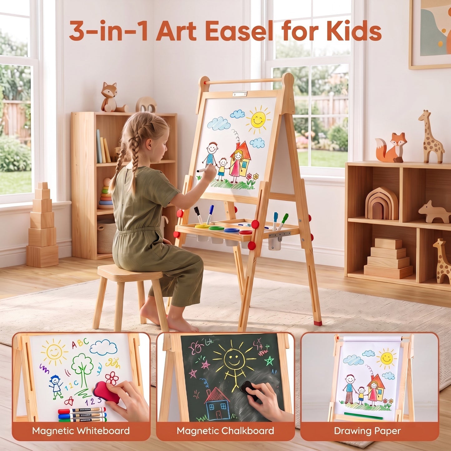 3 in 1 Foldable Wooden Art Easel with Whiteboard Chalkboard and Paper Roll-Natrual