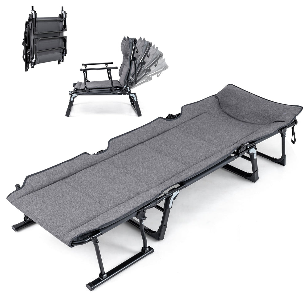 3-in-1 Folding Camping Cot Convertible Heavy Duty Metal with Adjustable Backrest-Grey