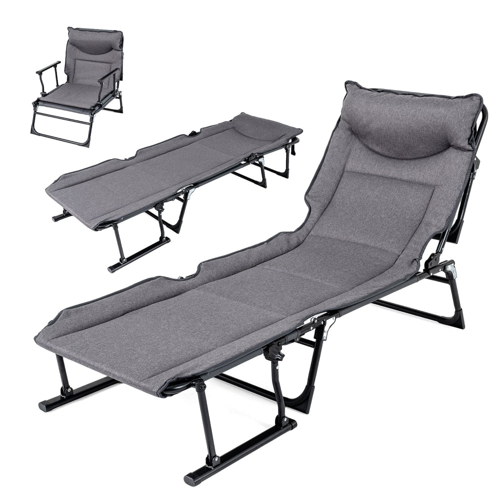 3-in-1 Folding Camping Cot with Adjustable Backrest Convertible Single Sofa-Grey