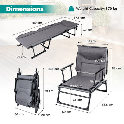 3-in-1 Folding Camping Cot with Adjustable Backrest Convertible Single Sofa-Grey