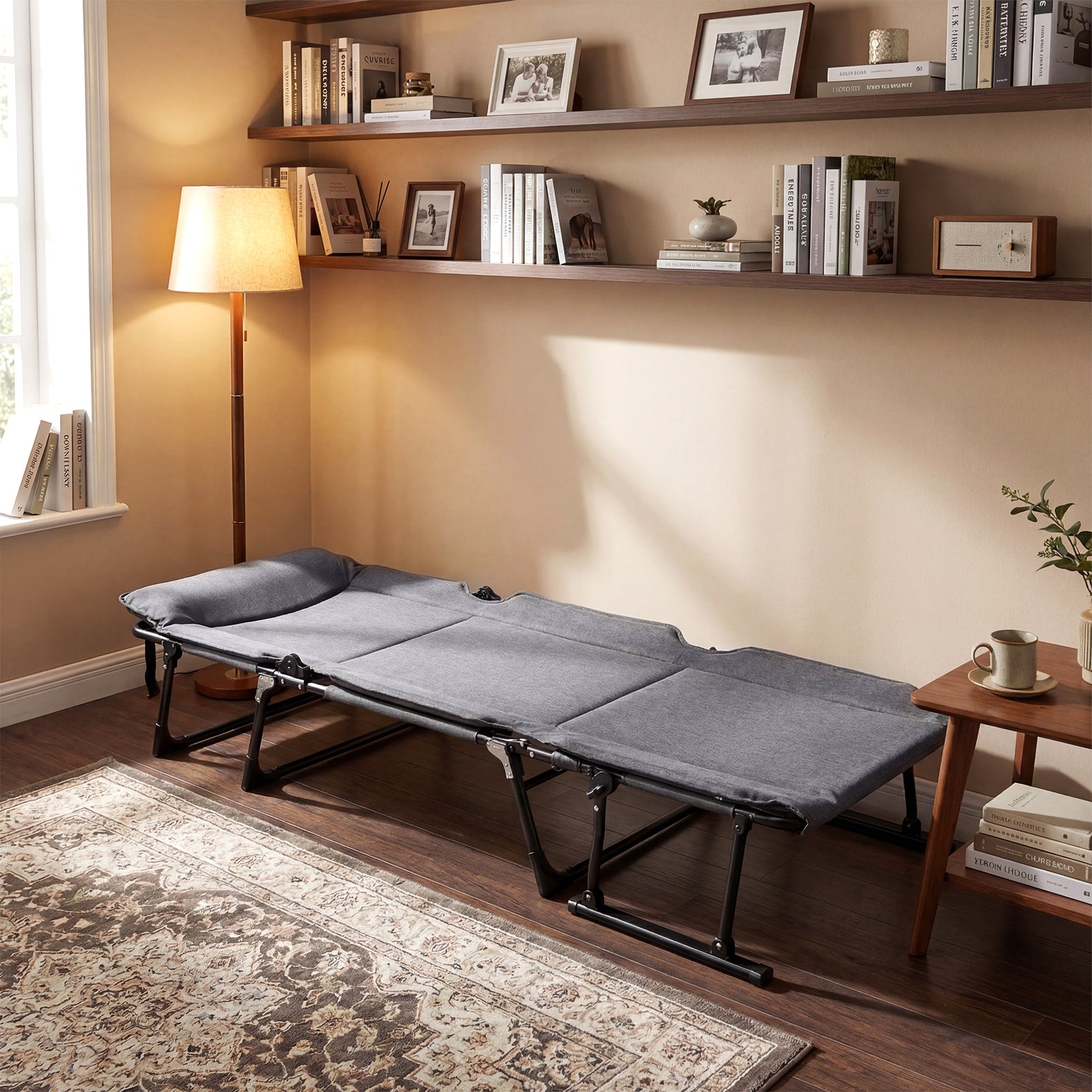 3-in-1 Folding Camping Cot with Adjustable Backrest Convertible Single Sofa-Grey