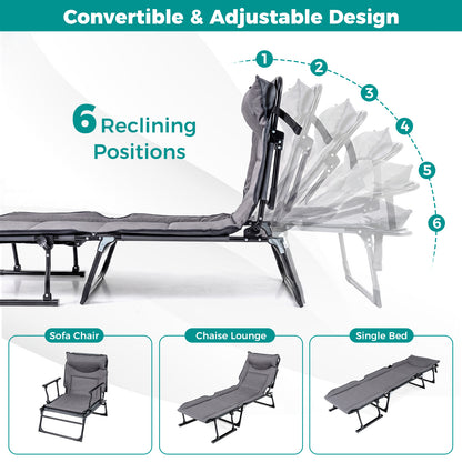 3-in-1 Folding Camping Cot with Adjustable Backrest Convertible Single Sofa-Grey