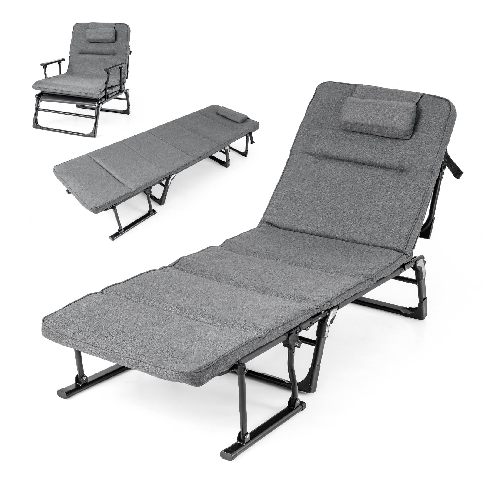 3-in-1 Folding Camping Cot with Removable Mattress and Flip-up Pillow-Grey