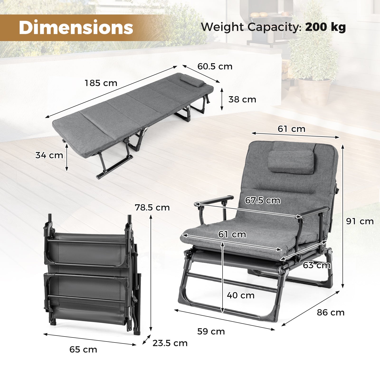 3-in-1 Folding Camping Cot with Removable Mattress and Flip-up Pillow-Grey