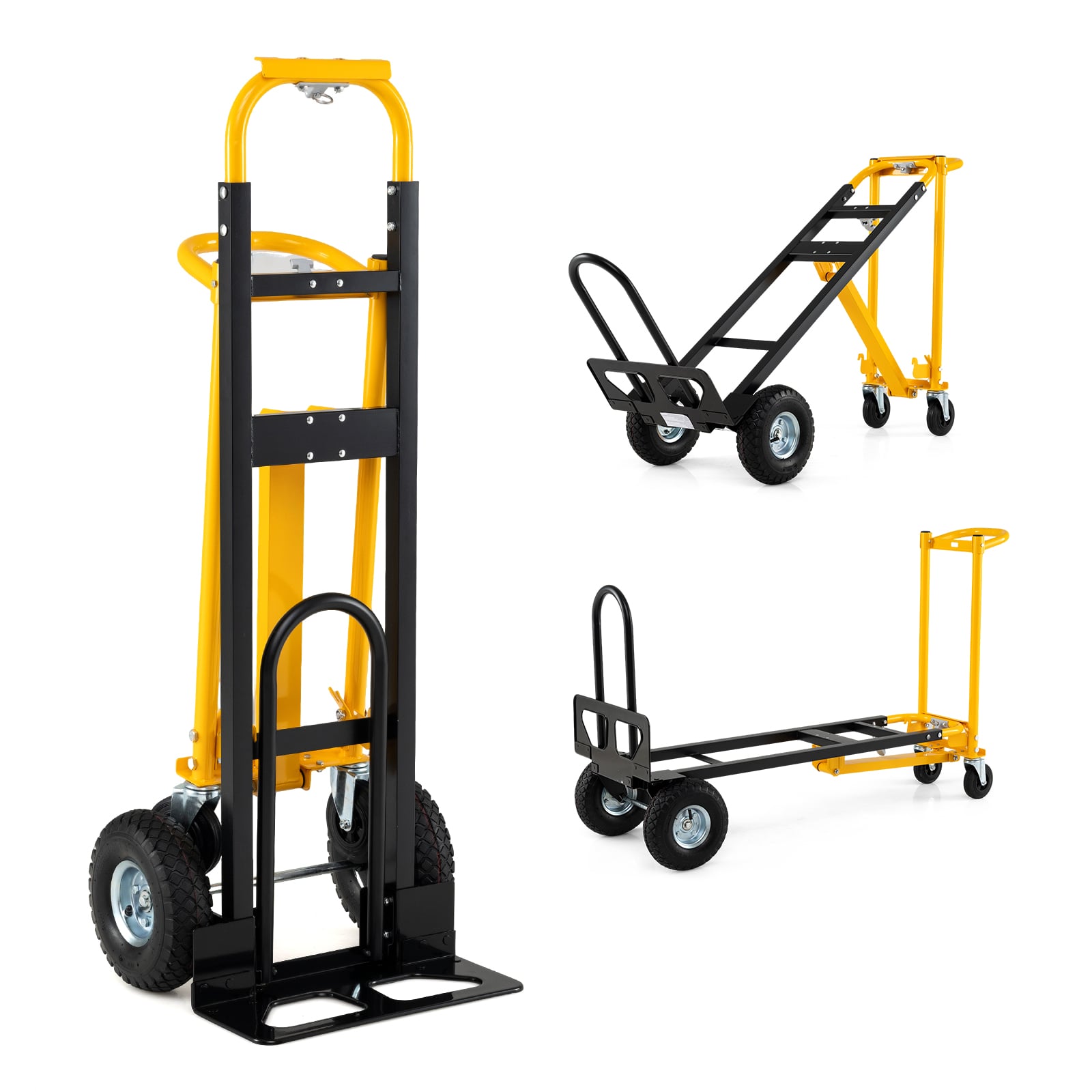 3-in-1 Folding Hand Truck Heavy-Duty Convertible Platform Cart with Rubber Wheels and Ergonomic Handle-Black
