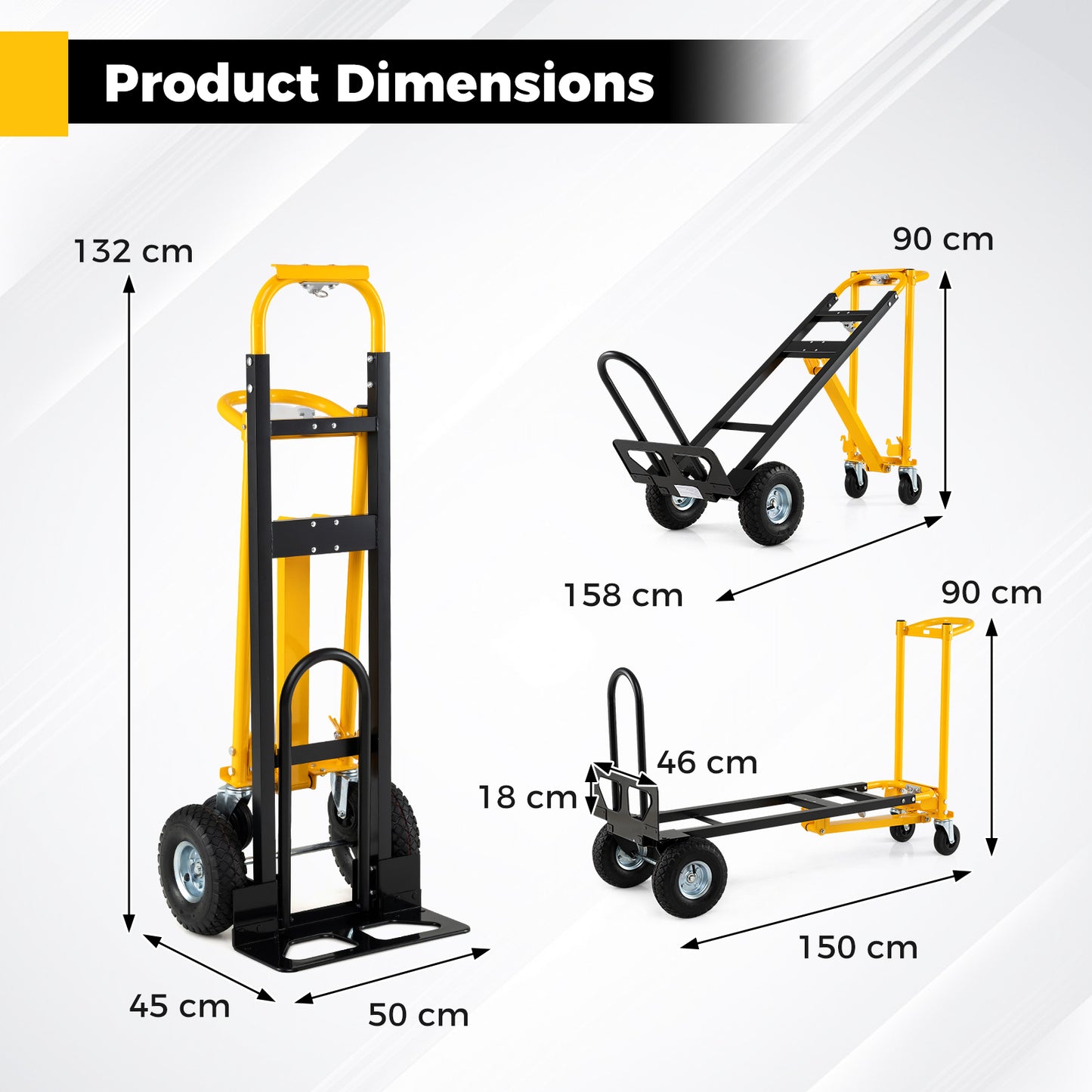 3-in-1 Folding Hand Truck Heavy-Duty Convertible Platform Cart with Rubber Wheels and Ergonomic Handle-Black