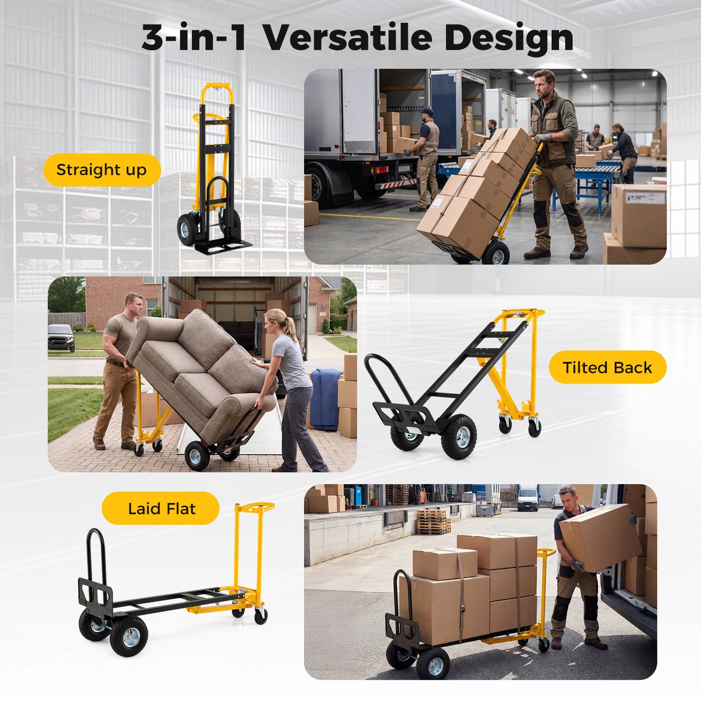 3-in-1 Folding Hand Truck Heavy-Duty Convertible Platform Cart with Rubber Wheels and Ergonomic Handle-Black