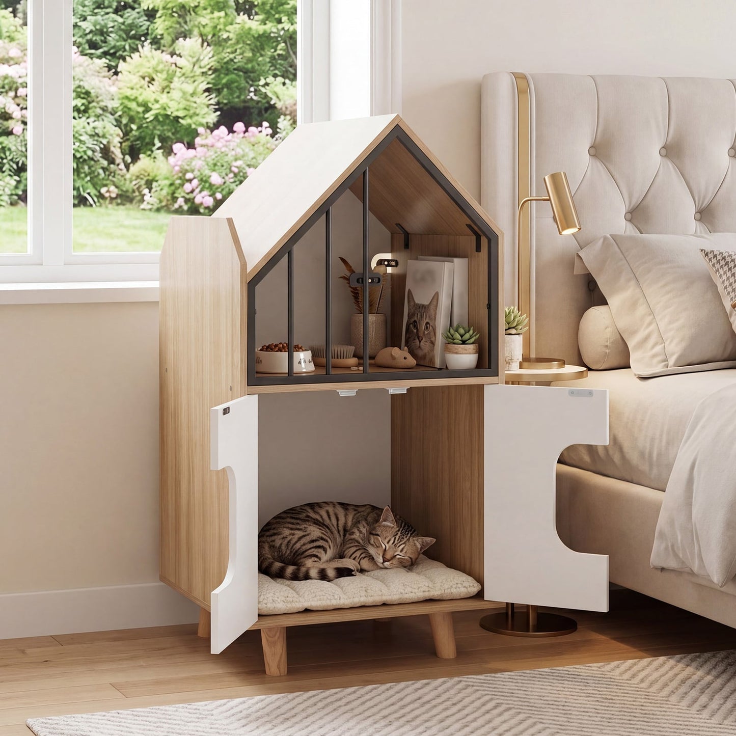 3-in-1 Hidden Cat House Cabinet with Shelf Metal Fence and 2 Door for Indoor Kittens-Natural