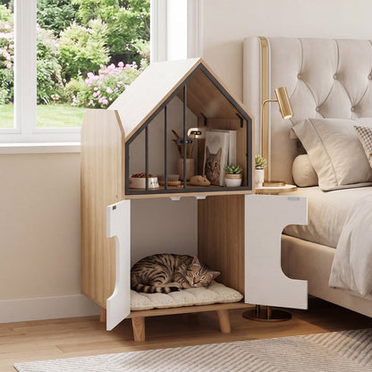 3-in-1 Hidden Cat House Cabinet with Shelf Metal Fence and 2 Door for Indoor Kittens-Natural