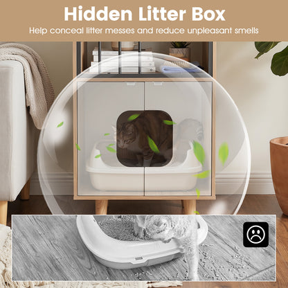 3-in-1 Hidden Cat House Cabinet with Shelf Metal Fence and 2 Door for Indoor Kittens-Natural