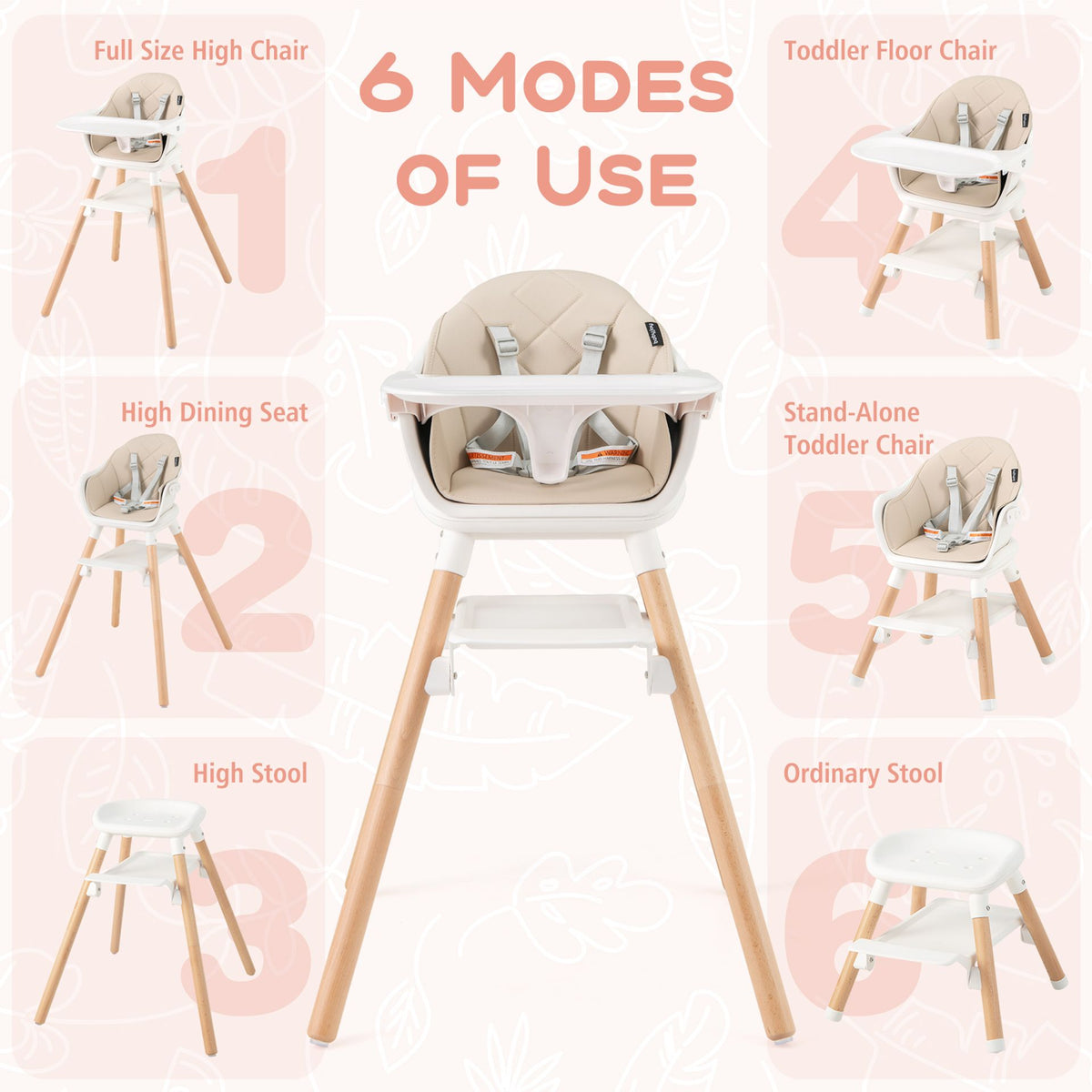 3 in 1 High Chairs for Babies and Toddlers with Foot Rest and Removable Double Tray-Beige