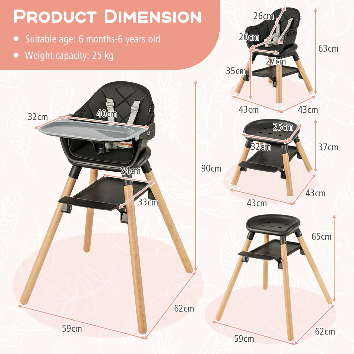 3 in 1 High Chairs for Babies and Toddlers with Foot Rest and Removable Double Tray-Black