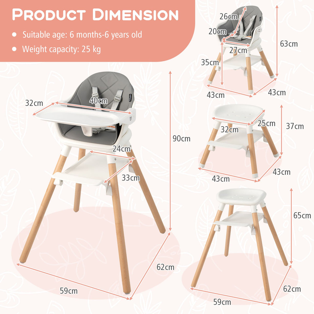 3 in 1 High Chairs for Babies and Toddlers with Foot Rest and Removable Double Tray-White