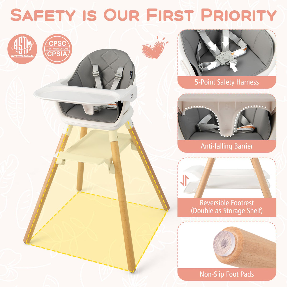 3 in 1 High Chairs for Babies and Toddlers with Foot Rest and Removable Double Tray-White