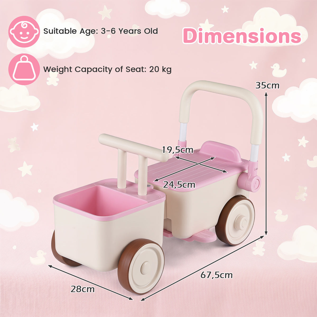 3-in-1 Kids Ride On Push Car with Foldable Push Handle and Storage Basket-Pink