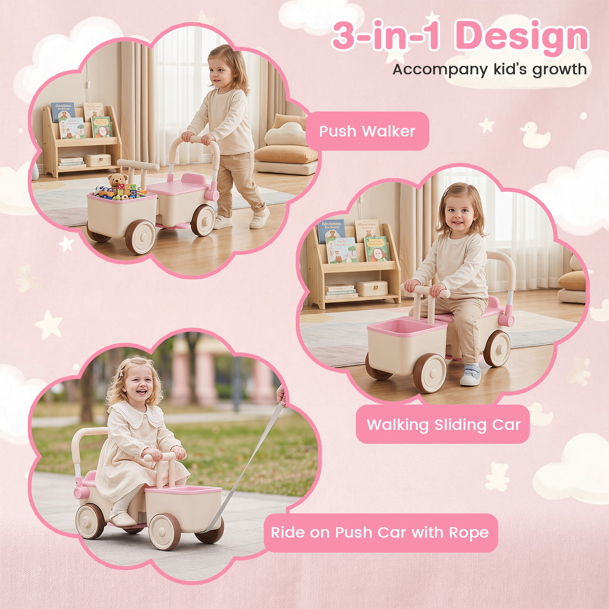 3-in-1 Kids Ride On Push Car with Foldable Push Handle and Storage Basket-Pink