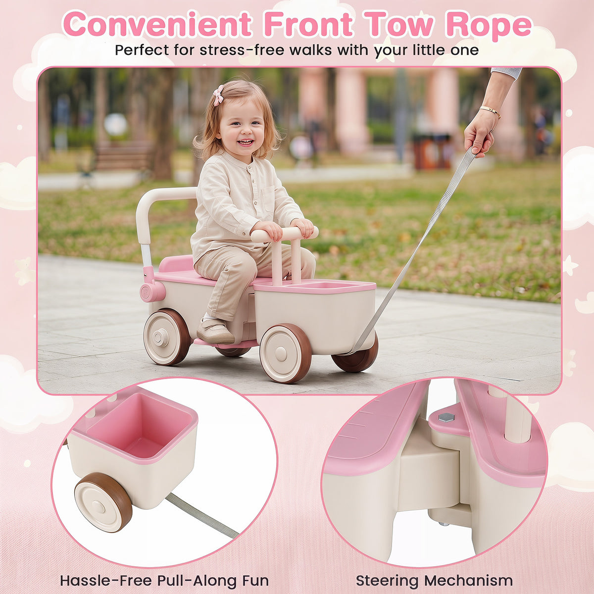 3-in-1 Kids Ride On Push Car with Foldable Push Handle and Storage Basket-Pink