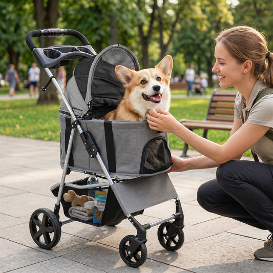 3-in-1 Pet Stroller for Small Medium Dogs with Detachable Carrier Cup Holder and Storage Basket-Gray