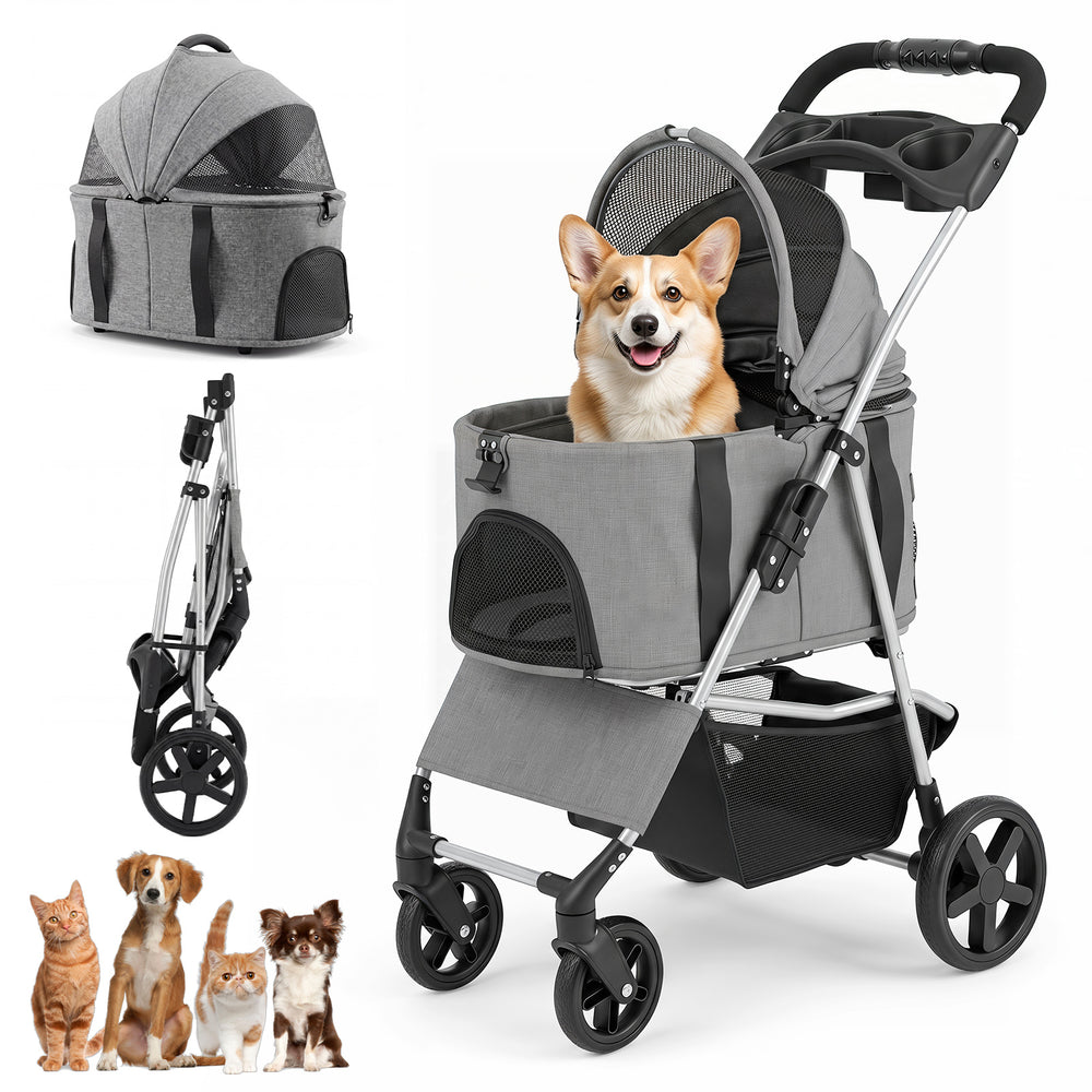 3-in-1 Pet Stroller for Small Medium Dogs with Detachable Carrier Cup Holder and Storage Basket-Gray