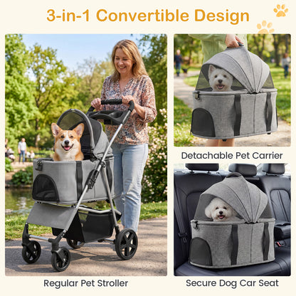3-in-1 Pet Stroller for Small Medium Dogs with Detachable Carrier Cup Holder and Storage Basket-Gray