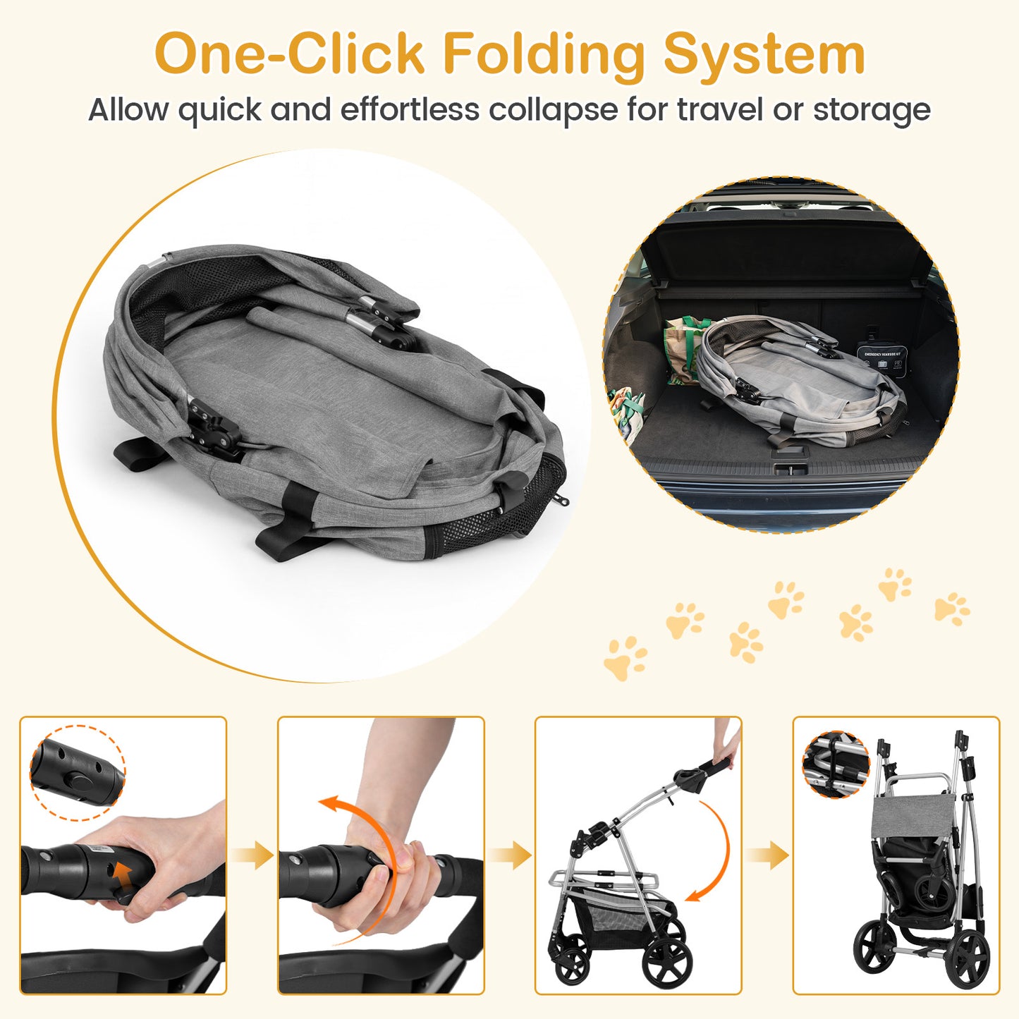 3-in-1 Pet Stroller for Small Medium Dogs with Detachable Carrier Cup Holder and Storage Basket-Gray