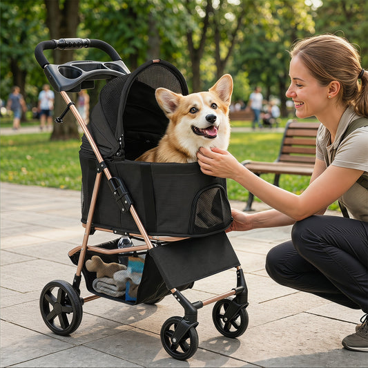 3-in-1 Pet Stroller for Small Medium Dogs with Detachable Carrier Cup Holder and Storage Basket-PW10185BK