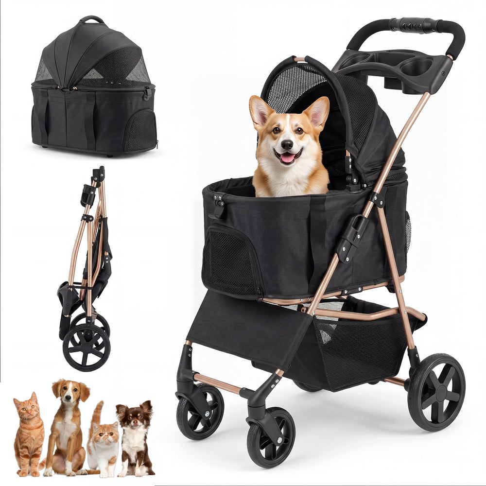 3-in-1 Pet Stroller for Small Medium Dogs with Detachable Carrier Cup Holder and Storage Basket-PW10185BK