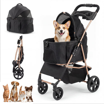 3-in-1 Pet Stroller for Small Medium Dogs with Detachable Carrier Cup Holder and Storage Basket-PW10185BK
