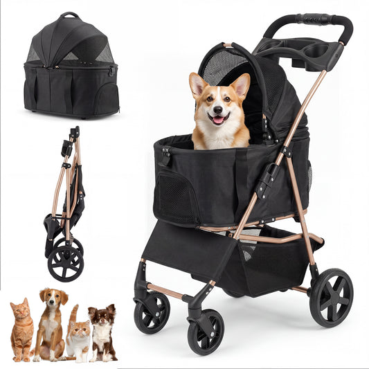 3-in-1 Pet Stroller for Small Medium Dogs with Detachable Carrier Cup Holder and Storage Basket-PW10185BK