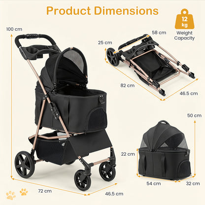 3-in-1 Pet Stroller for Small Medium Dogs with Detachable Carrier Cup Holder and Storage Basket-PW10185BK