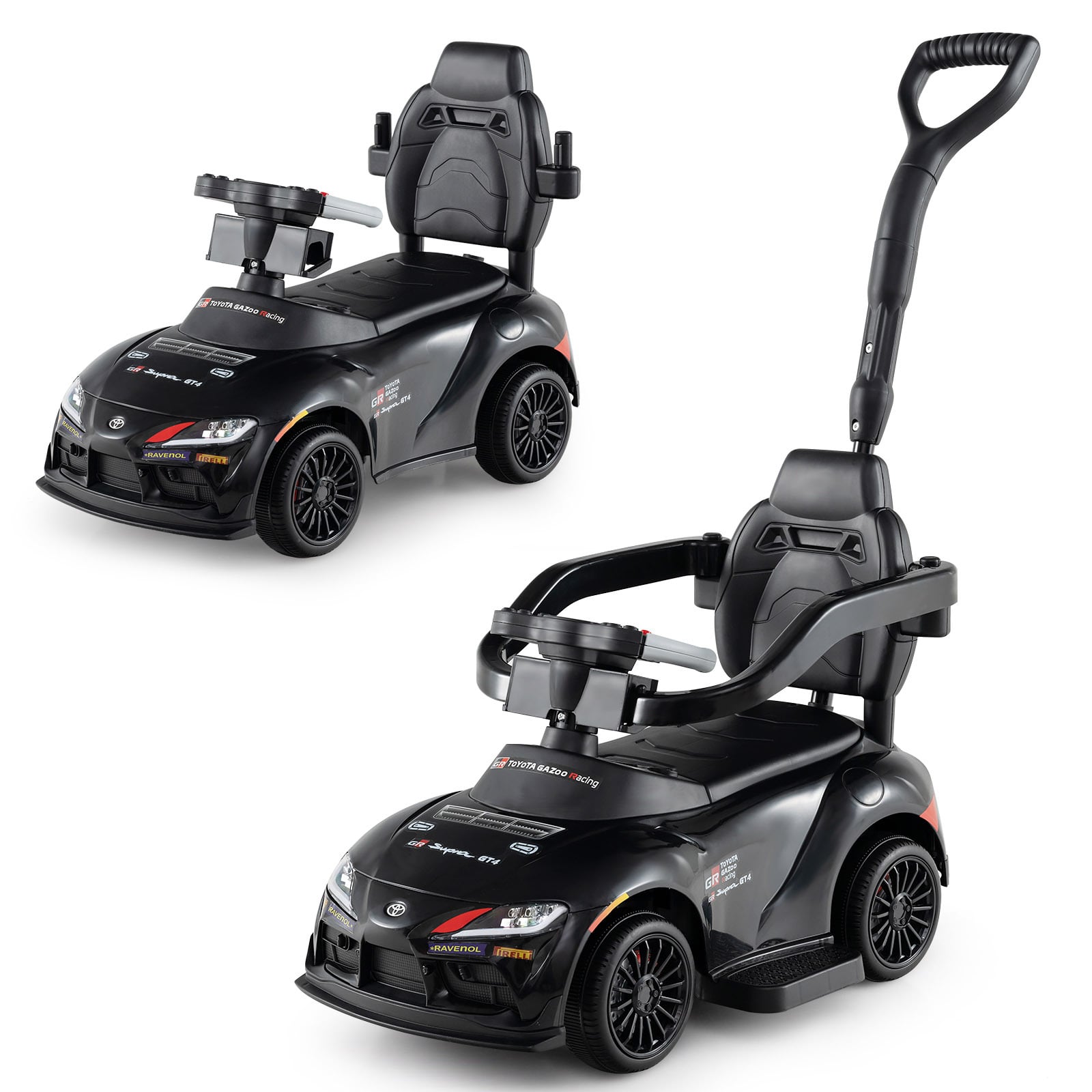 3-in-1 Push Car for Toddlers Toyota Licensed Sliding Car with Handle and Music-Black