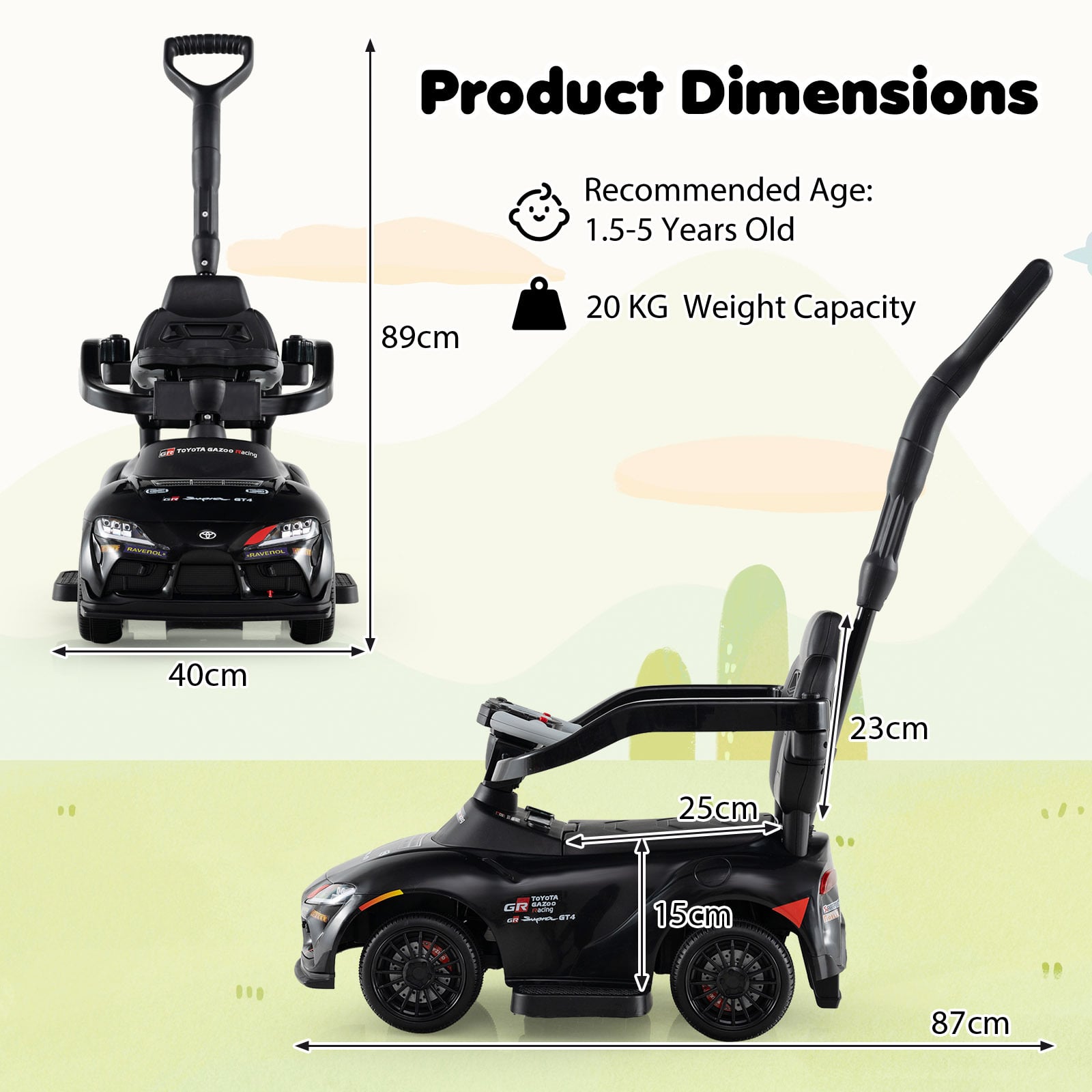 3-in-1 Push Car for Toddlers Toyota Licensed Sliding Car with Handle and Music-Black