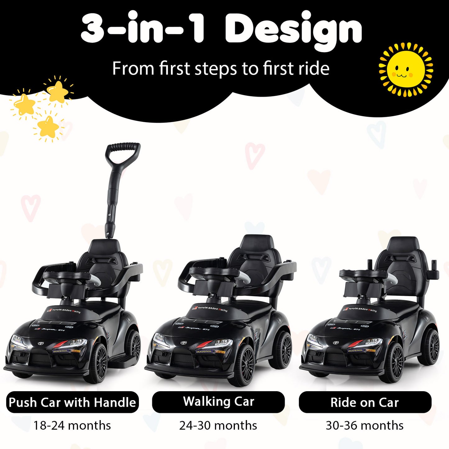 3-in-1 Push Car for Toddlers Toyota Licensed Sliding Car with Handle and Music-Black