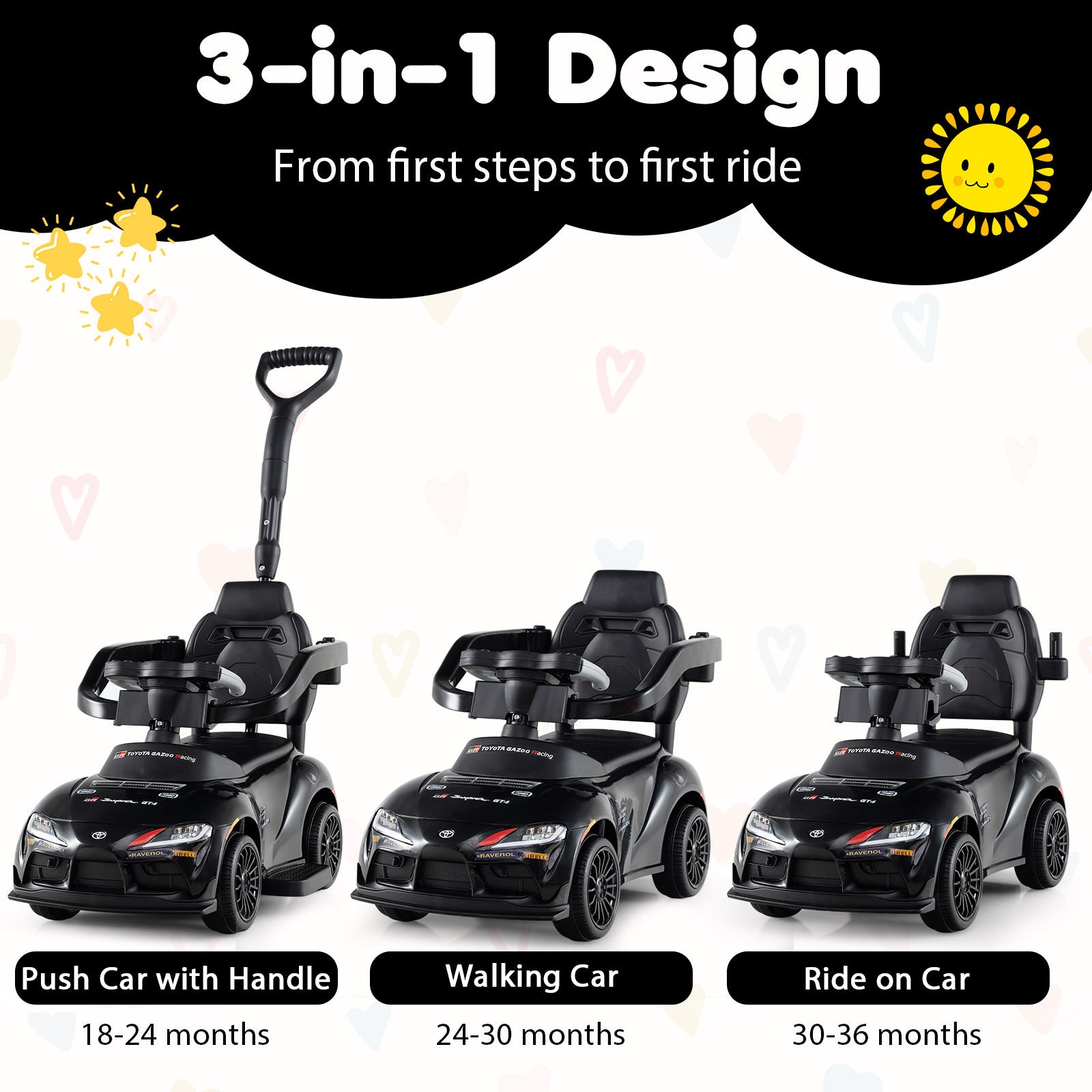 3-in-1 Push Car for Toddlers Toyota Licensed Sliding Car with Handle and Music-Black