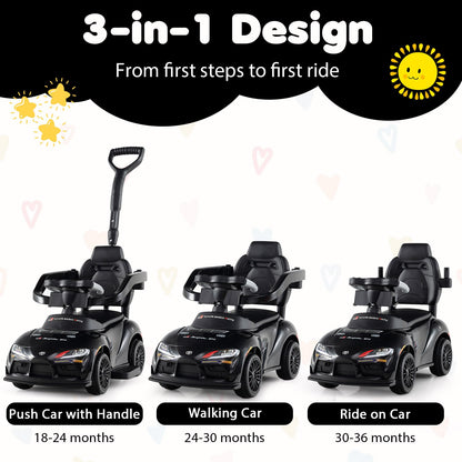 3-in-1 Push Car for Toddlers Toyota Licensed Sliding Car with Handle and Music-Black