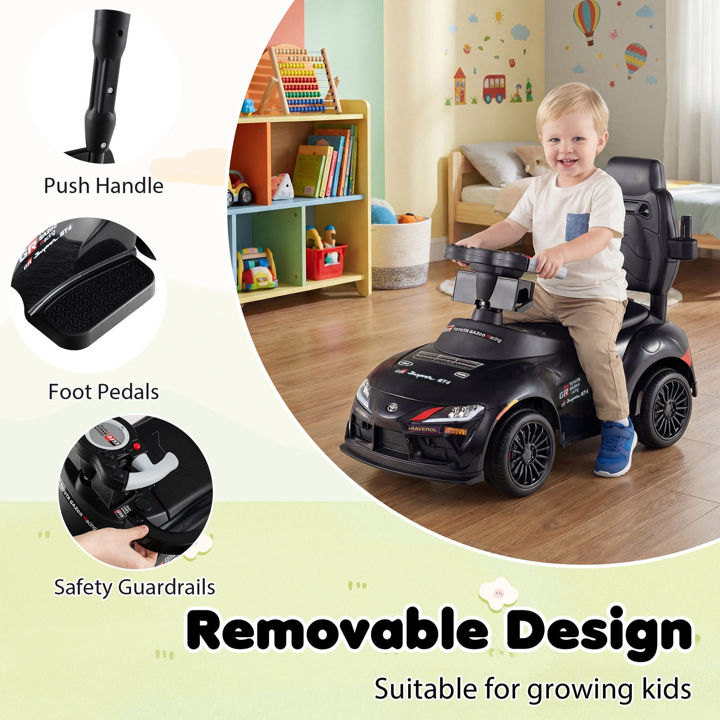 3-in-1 Push Car for Toddlers Toyota Licensed Sliding Car with Handle and Music-Black