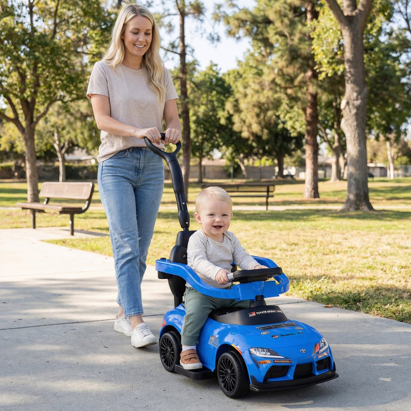 3-in-1 Push Car for Toddlers Toyota Licensed Sliding Car with Handle and Music-Blue