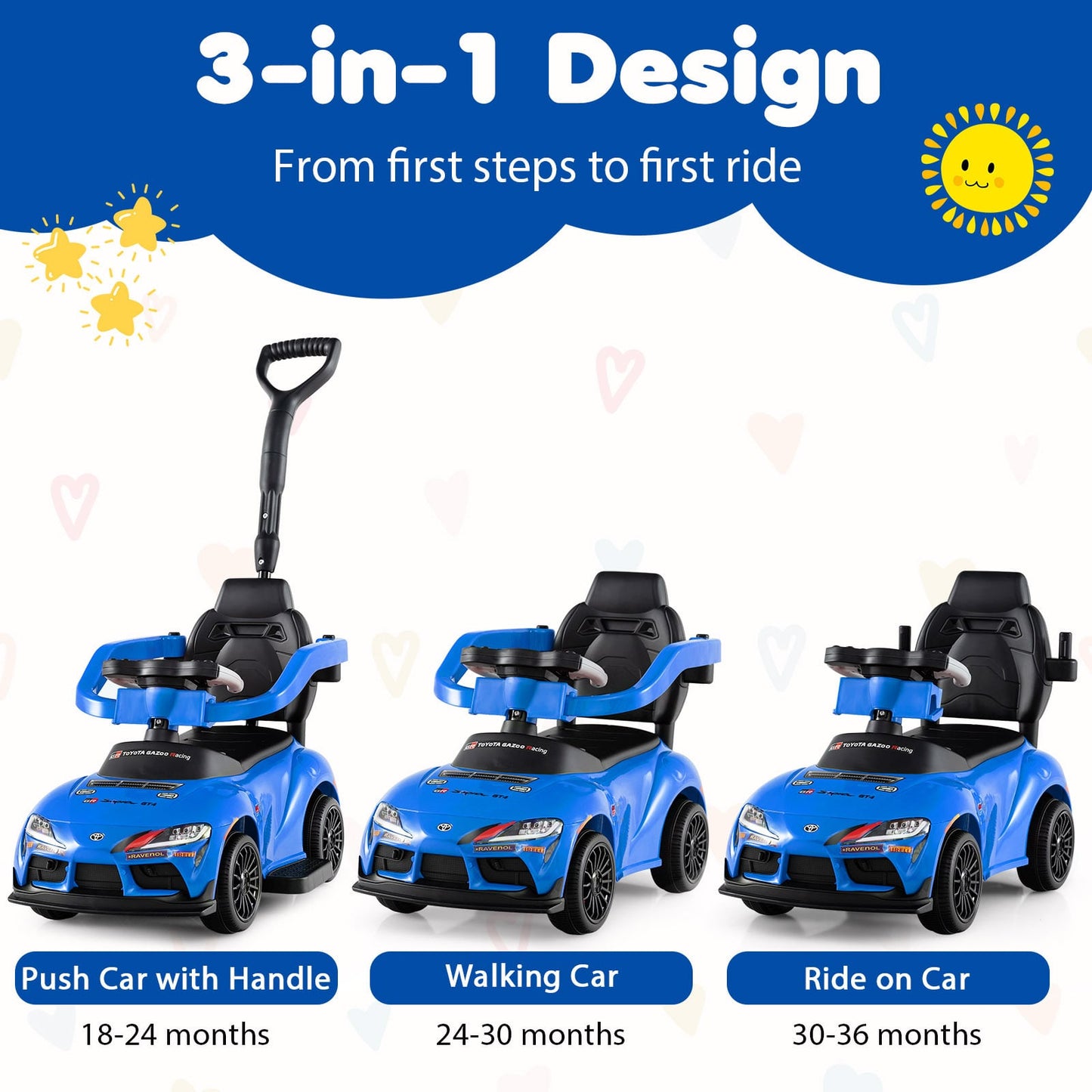 3-in-1 Push Car for Toddlers Toyota Licensed Sliding Car with Handle and Music-Blue