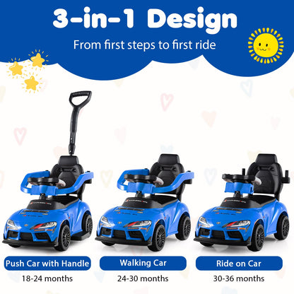 3-in-1 Push Car for Toddlers Toyota Licensed Sliding Car with Handle and Music-Blue